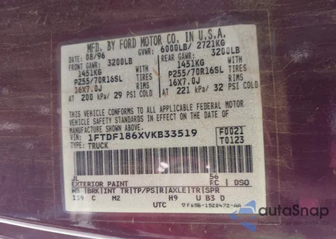 1997 Ford F-150 Lariat/Standard/Xl/Xlt из США, поврежденный, VIN 1FTDF186XVKB33519